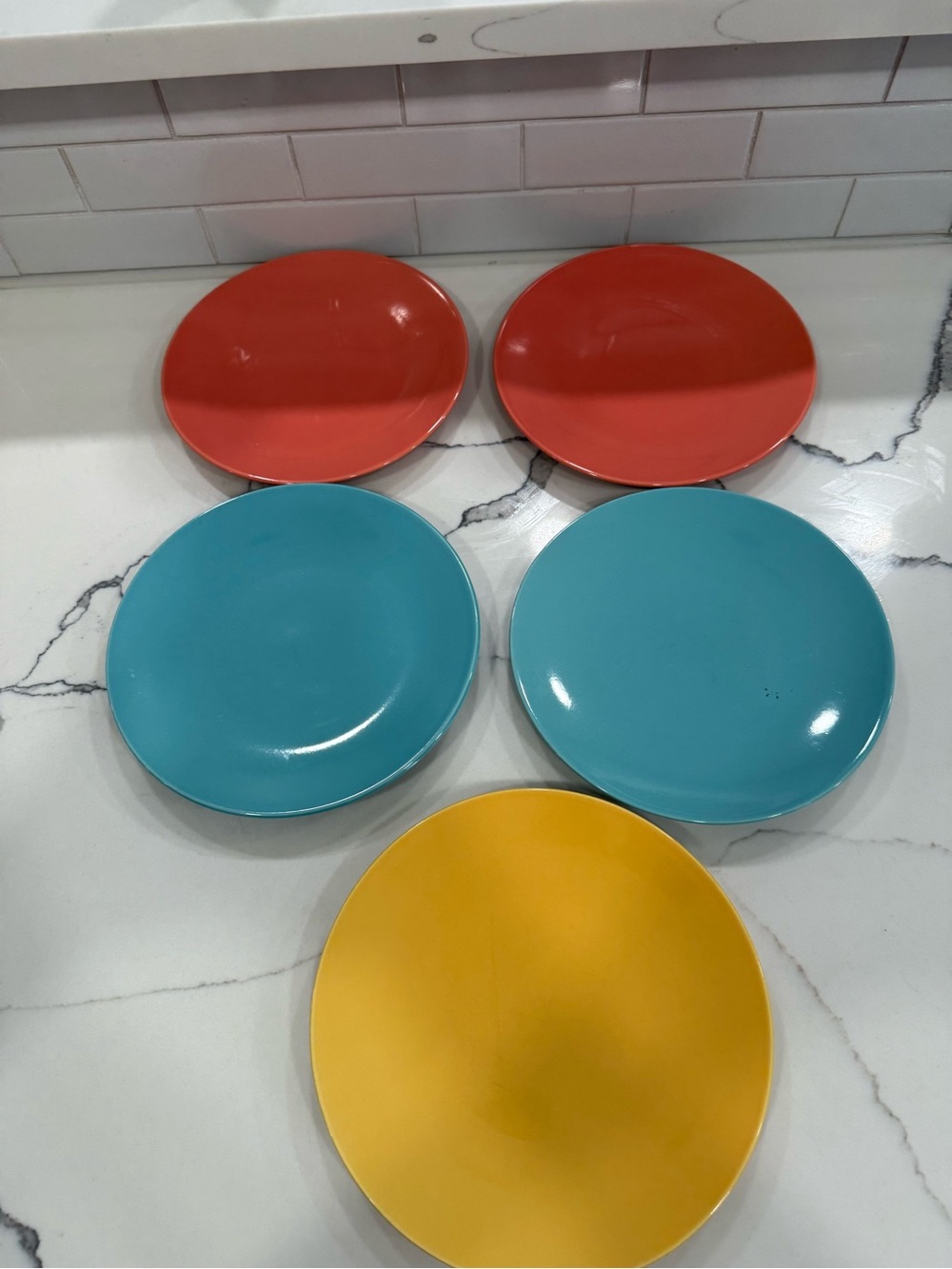 Lindt-Stymeist Set of 5 colorful lunch plates, orange/ coral blue, and yellow